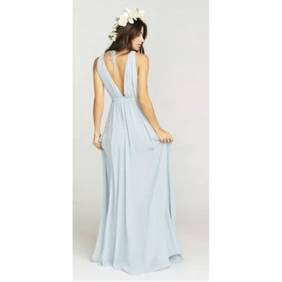 SHOW ME YOUR MUMU DRESS AVA MAXI STEEL BLUE CHIFFON DEEP V SIZE S - Picture 8 of 9